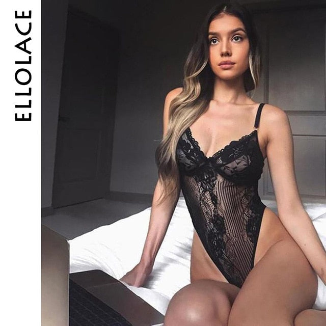 Embroidery Bow Tie Transparent Sexy Bodysuit