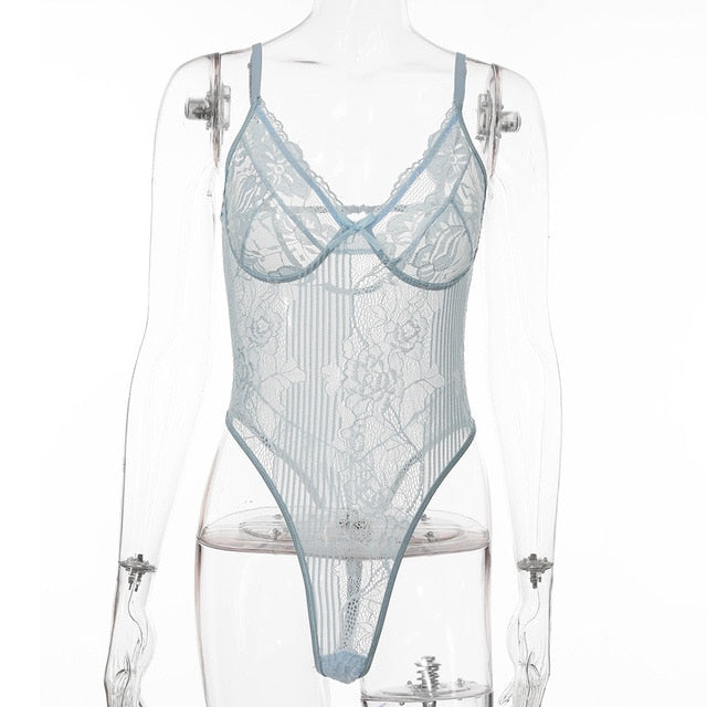 Embroidery Bow Tie Transparent Sexy Bodysuit