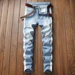 Load image into Gallery viewer, Mens striped slim jeans denim ripped knee
