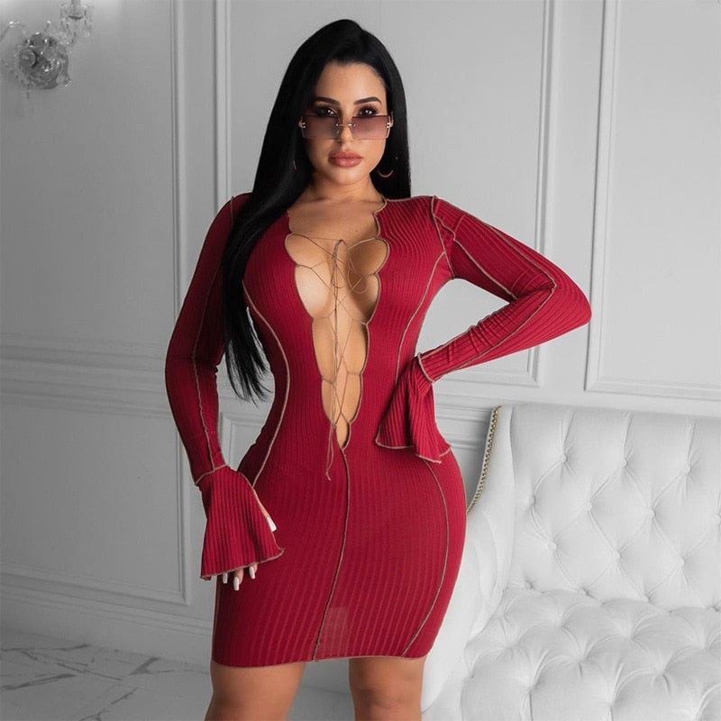 Deep V Neck Ribbed Long Sleeve Bodycon Dresses