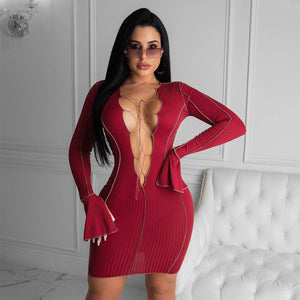 Deep V Neck Ribbed Long Sleeve Bodycon Dresses