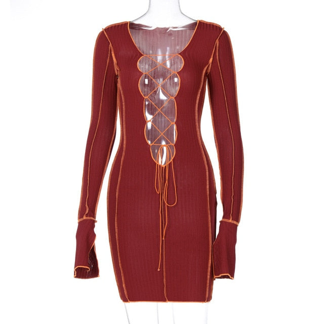 Deep V Neck Ribbed Long Sleeve Bodycon Dresses