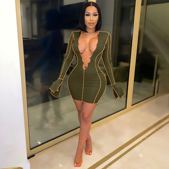 Deep V Neck Ribbed Long Sleeve Bodycon Dresses