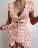 Load image into Gallery viewer, Floral Print Fashion Tie Up Wrap Mini Dress
