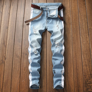 Mens striped slim jeans denim ripped knee